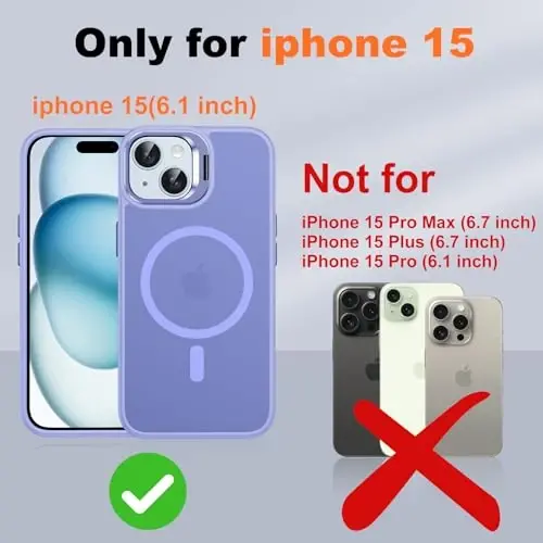 JAME iPhone 15 uchun gʻilof, stend bilan, 2X [Temperli Shisha Ekran Himoyachisi], [Magnit bilan mos], Oʻrnatilgan Kamera Oyoqli Telefon Gʻilofi iPhone 15 uchun, Magnitli Gʻilof iPhone 15 uchun, 6.1”, Lavanda - JAME (1)