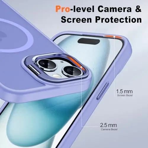 JAME iPhone 15 uchun gʻilof, stend bilan, 2X [Temperli Shisha Ekran Himoyachisi], [Magnit bilan mos], Oʻrnatilgan Kamera Oyoqli Telefon Gʻilofi iPhone 15 uchun, Magnitli Gʻilof iPhone 15 uchun, 6.1”, Lavanda - 6
