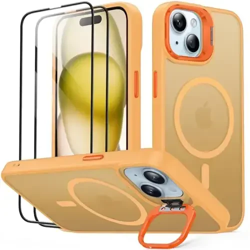 JAME iPhone 15 uchun g'ilof, stend bilan, 2X [Temperli shisha ekran himoyachisi][Magnit bilan mos keladi] O'rnatilgan kamera tayanchi iPhone 15 uchun telefon g'ilofi, iPhone 15 6.1