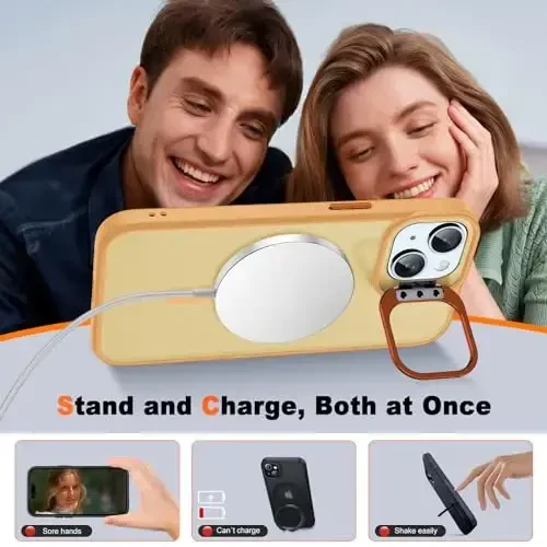 JAME iPhone 15 uchun g'ilof, stend bilan, 2X [Temperli shisha ekran himoyachisi][Magnit bilan mos keladi] O'rnatilgan kamera tayanchi iPhone 15 uchun telefon g'ilofi, iPhone 15 6.1