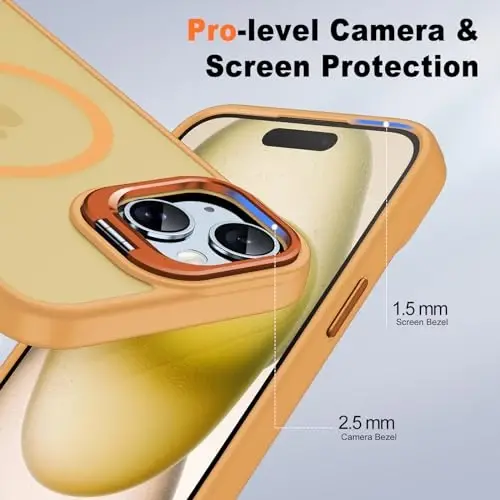 JAME iPhone 15 uchun g'ilof, stend bilan, 2X [Temperli shisha ekran himoyachisi][Magnit bilan mos keladi] O'rnatilgan kamera tayanchi iPhone 15 uchun telefon g'ilofi, iPhone 15 6.1