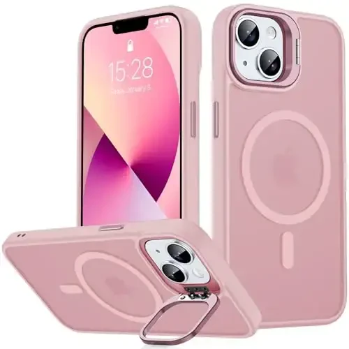 JAME Magnetic для iPhone 13 Case & iPhone 14 Case, [Built-in Lens Ring Stand] [Military-Grade Protection] Slim Translucent Matte Magnetic Phone Case for iPhone 13/iPhone 14 6.1″, Sand Pink 