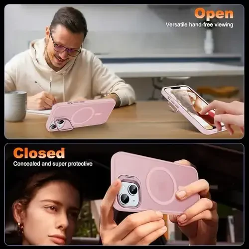 JAME Magnetic для iPhone 13 Case & iPhone 14 Case, [Built-in Lens Ring Stand] [Military-Grade Protection] Slim Translucent Matte Magnetic Phone Case for iPhone 13/iPhone 14 6.1″, Sand Pink - 3