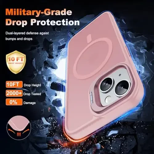 JAME Magnetic для iPhone 13 Case & iPhone 14 Case, [Built-in Lens Ring Stand] [Military-Grade Protection] Slim Translucent Matte Magnetic Phone Case for iPhone 13/iPhone 14 6.1″, Sand Pink - 5
