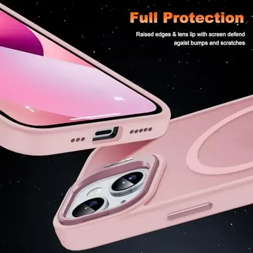 JAME Magnetic для iPhone 13 Case & iPhone 14 Case, [Built-in Lens Ring Stand] [Military-Grade Protection] Slim Translucent Matte Magnetic Phone Case for iPhone 13/iPhone 14 6.1″, Sand Pink - 6