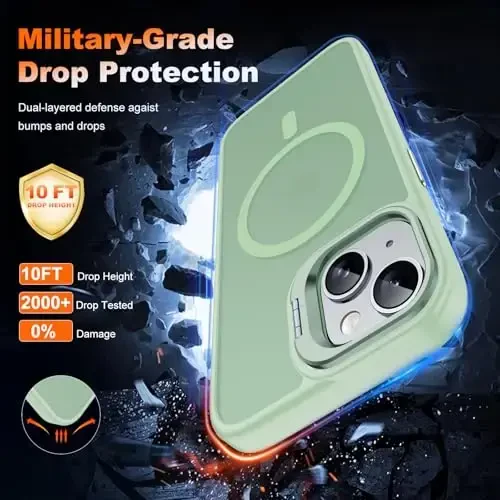 JAME Magnetic for iPhone 13 Case & iPhone 14 Case, [Built-in Lens Ring Stand] [Military-Grade Protection] Slim Translucent Matte Magnetic Phone Case for iPhone 13/iPhone 14 6.1″, Light Green - 5