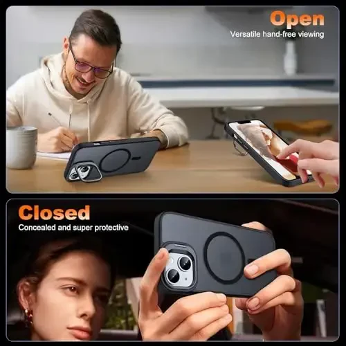 JAME Magnetic for iPhone 13 Case & iPhone 14 Case, [Built-in Lens Ring Stand] [Military-Grade Protection] Slim Translucent Matte Magnetic Phone Case for iPhone 13/iPhone 14 6.1″, Matte Black - 3