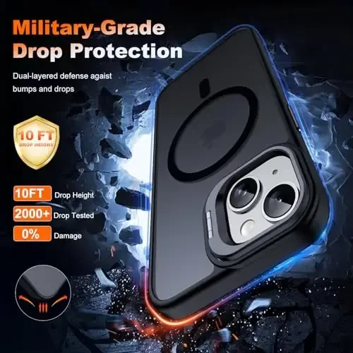 JAME Magnetic for iPhone 13 Case & iPhone 14 Case, [Built-in Lens Ring Stand] [Military-Grade Protection] Slim Translucent Matte Magnetic Phone Case for iPhone 13/iPhone 14 6.1″, Matte Black - 5