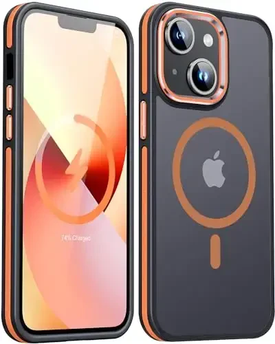 JAME Magnetic for iPhone 13 Case & iPhone 14 Case, [Compatible with Magnetic] [Shockproof Military-Grade Protection] Slim Non-Slip Translucent Matte Phone Case for iPhone 13/iPhone 14 6.1″, Orange 
