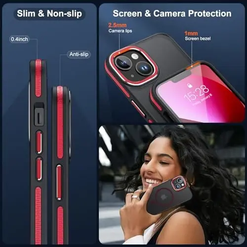 JAME Magnetic for iPhone 13 Case & iPhone 14 Case, [Compatible with Magnetic] [Shockproof Military-Grade Protection] Slim Non-Slip Translucent Matte Phone Case for iPhone 13/iPhone 14 6.1″, Red - 6