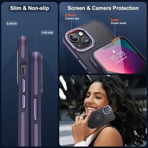 JAME Magnetic for iPhone 13 Case & iPhone 14 Case, [Compatible with Magnetic] [Shockproof Military-Grade Protection] Slim Non-Slip Translucent Matte Phone Case for iPhone 13/iPhone 14 6.1″, Purple - 6