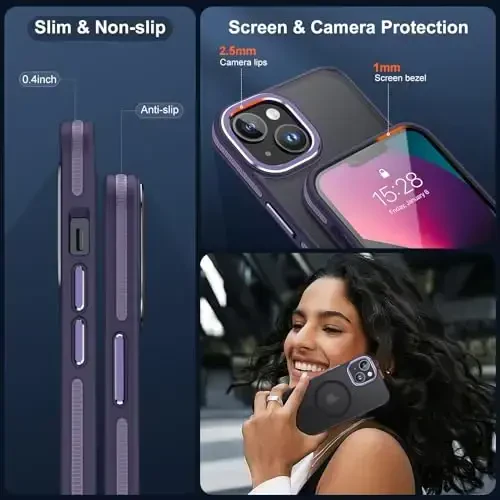 JAME Magnetic for iPhone 13 Case & iPhone 14 Case, [Compatible with Magnetic] [Shockproof Military-Grade Protection] Slim Non-Slip Translucent Matte Phone Case for iPhone 13/iPhone 14 6.1″, Purple - 6