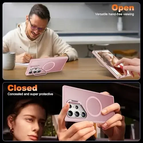 JAME Samsung Galaxy S24 Ultra uchun gʻilof, Ingichka S24 Ultra gʻilofi stend bilan, [MagSafe bilan mos], Oʻrnatilgan kamera stendli yarim shaffof matli telefon gʻilofi S24 Ultra uchun, stend pushti - 3