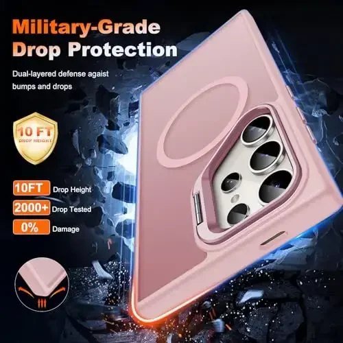 JAME Samsung Galaxy S24 Ultra uchun gʻilof, Ingichka S24 Ultra gʻilofi stend bilan, [MagSafe bilan mos], Oʻrnatilgan kamera stendli yarim shaffof matli telefon gʻilofi S24 Ultra uchun, stend pushti - 6