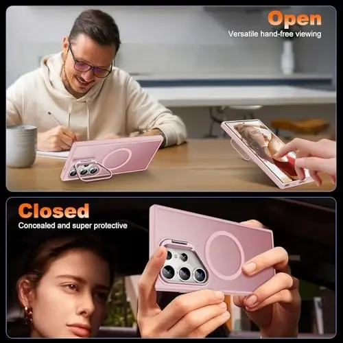 JAME Samsung Galaxy S24 Ultra uchun gʻilof, Ingichka S24 Ultra gʻilofi stend bilan, [MagSafe bilan mos], Oʻrnatilgan kamera stendli yarim shaffof matli telefon gʻilofi S24 Ultra uchun, stend pushti - 3
