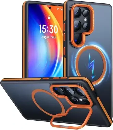 JAME Samsung Galaxy S25 Ultra uchun g'ilof, [Magsafe bilan mos], [Harbiy darajadagi himoya], [Kamera stend himoyasi bilan] Samsung Galaxy S25 Ultra uchun zarbga chidamli ingichka g'ilof, Apelsin 