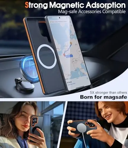 JAME Samsung Galaxy S25 Ultra uchun g'ilof, [Magsafe bilan mos], [Harbiy darajadagi himoya], [Kamera stend himoyasi bilan] Samsung Galaxy S25 Ultra uchun zarbga chidamli ingichka g'ilof, Apelsin - 3