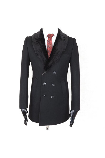 Jancarlucci Men's Double-Breasted Slim Fit Black Removable Fur Collar Detail Wool Coat - 9