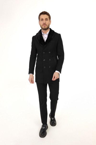 Jancarlucci Men's Double-Breasted Slim Fit Black Removable Fur Collar Detail Wool Coat - 1