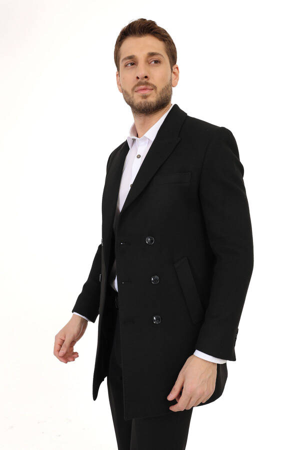 Jancarlucci Men's Double-Breasted Slim Fit Black Removable Fur Collar Detail Wool Coat - 4