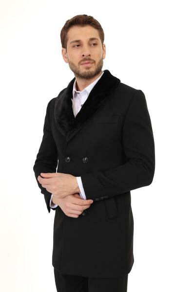 Jancarlucci Men's Double-Breasted Slim Fit Black Removable Fur Collar Detail Wool Coat - 2