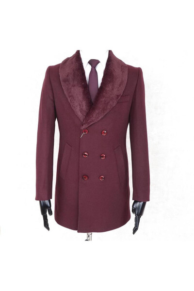 Jancarlucci Men's Double-Breasted Slim Fit Burgundy Detachable Fur Collar Wool Coat - 1