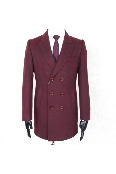 Jancarlucci Men's Double-Breasted Slim Fit Burgundy Detachable Fur Collar Wool Coat - 2