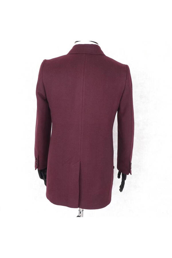 Jancarlucci Men's Double-Breasted Slim Fit Burgundy Detachable Fur Collar Wool Coat - 4