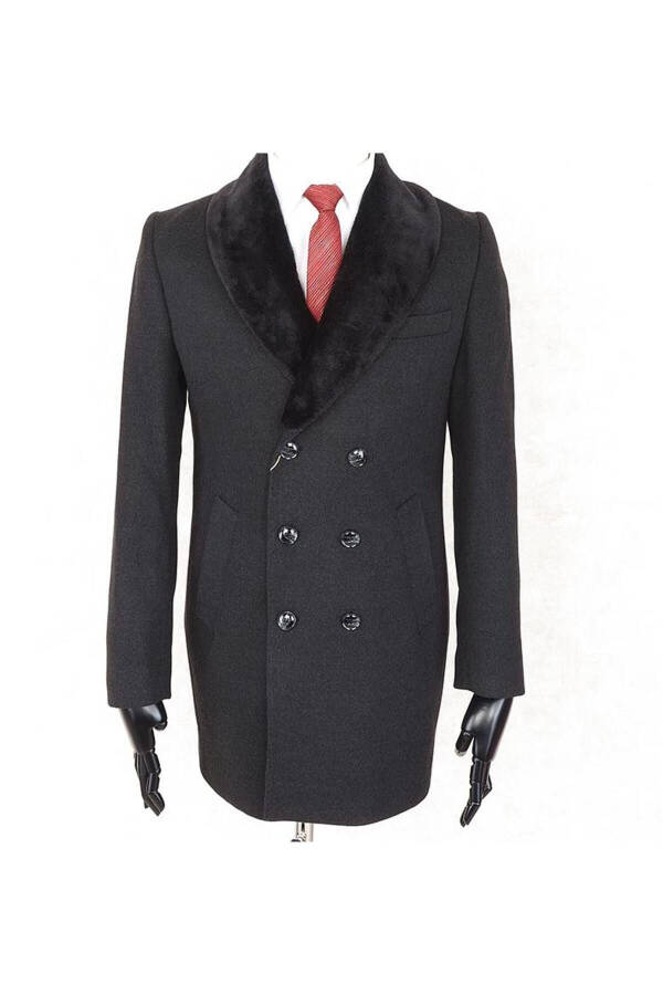 Jancarlucci Men's Double-Breasted Slim Fit Charcoal Removable Fur Collar Detailed Peacoat - 5