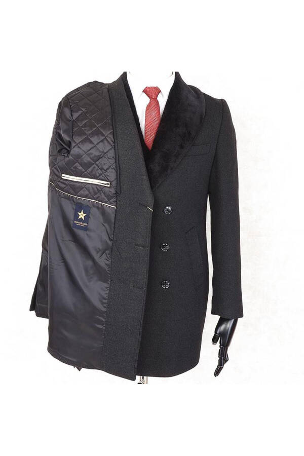 Jancarlucci Men's Double-Breasted Slim Fit Charcoal Removable Fur Collar Detailed Peacoat - 7