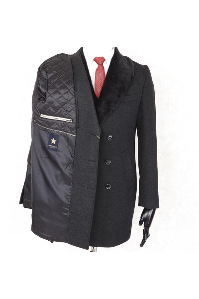 Jancarlucci Men's Double-Breasted Slim Fit Charcoal Removable Fur Collar Detailed Peacoat - 3