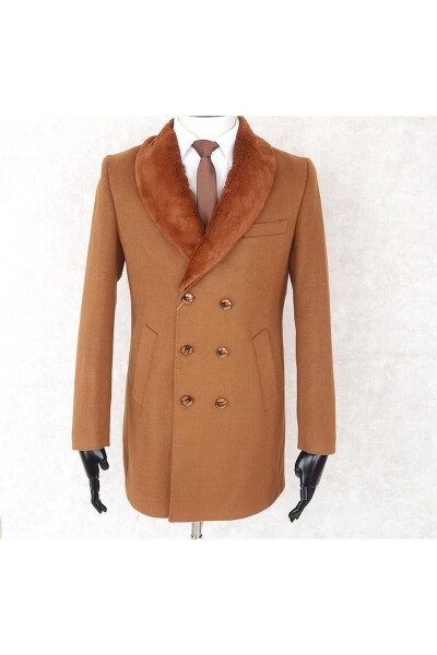 Jancarlucci Men's Double-Breasted Slim Fit Cinnamon Removable Fur Collar Detail Cashmere Coat - 10