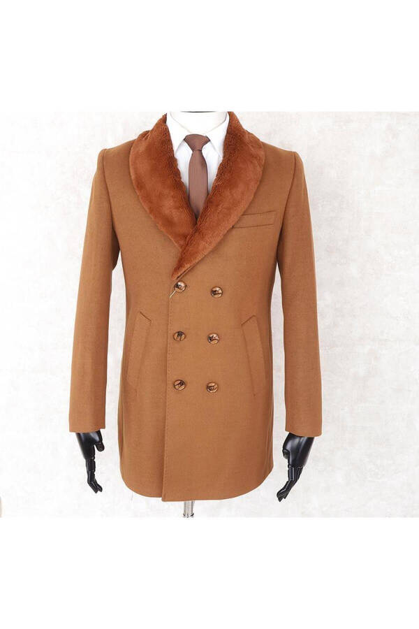 Jancarlucci Men's Double-Breasted Slim Fit Cinnamon Removable Fur Collar Detail Cashmere Coat - 10