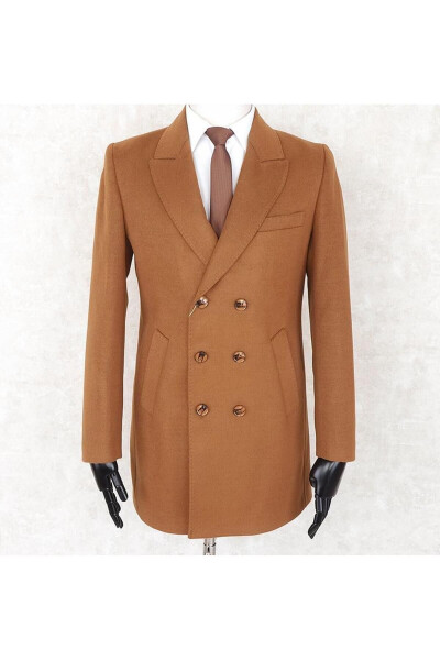 Jancarlucci Men's Double-Breasted Slim Fit Cinnamon Removable Fur Collar Detail Cashmere Coat - 11