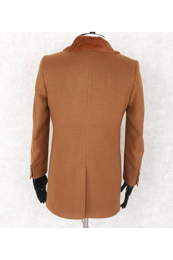 Jancarlucci Men's Double-Breasted Slim Fit Cinnamon Removable Fur Collar Detail Cashmere Coat - 13