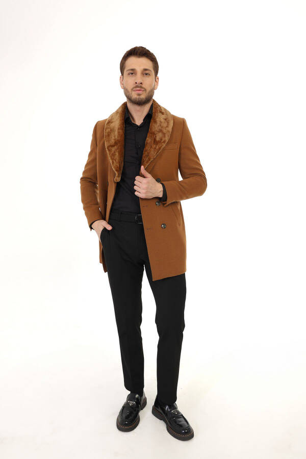 Jancarlucci Men's Double-Breasted Slim Fit Cinnamon Removable Fur Collar Detail Cashmere Coat - 1