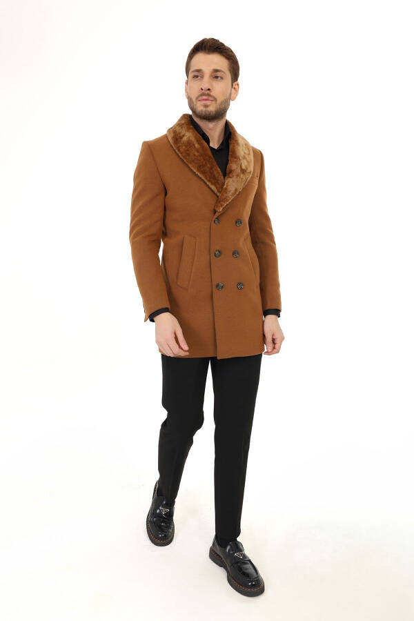 Jancarlucci Men's Double-Breasted Slim Fit Cinnamon Removable Fur Collar Detail Cashmere Coat - 2