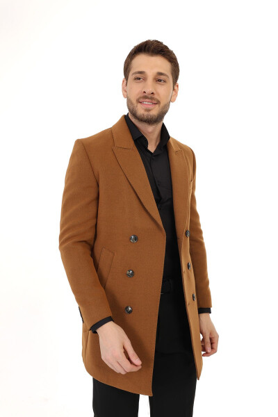 Jancarlucci Men's Double-Breasted Slim Fit Cinnamon Removable Fur Collar Detail Cashmere Coat - 4