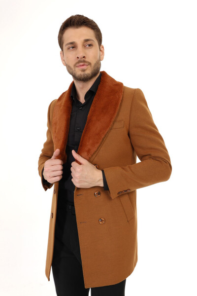 Jancarlucci Men's Double-Breasted Slim Fit Cinnamon Removable Fur Collar Detail Cashmere Coat - 5