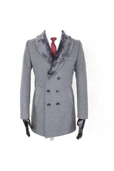 Jancarlucci Men's Double-Breasted Slim Fit Grey Removable Fur Collar Detail Wool Coat - 5