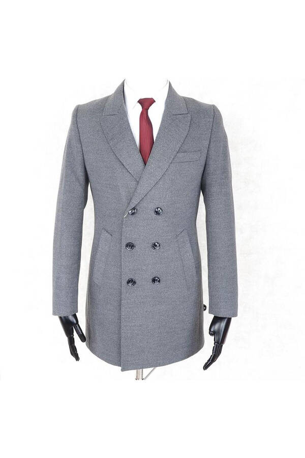 Jancarlucci Men's Double-Breasted Slim Fit Grey Removable Fur Collar Detail Wool Coat - 6