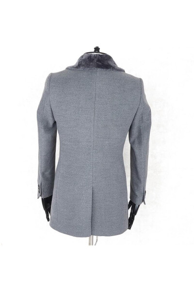 Jancarlucci Men's Double-Breasted Slim Fit Grey Removable Fur Collar Detail Wool Coat - 7