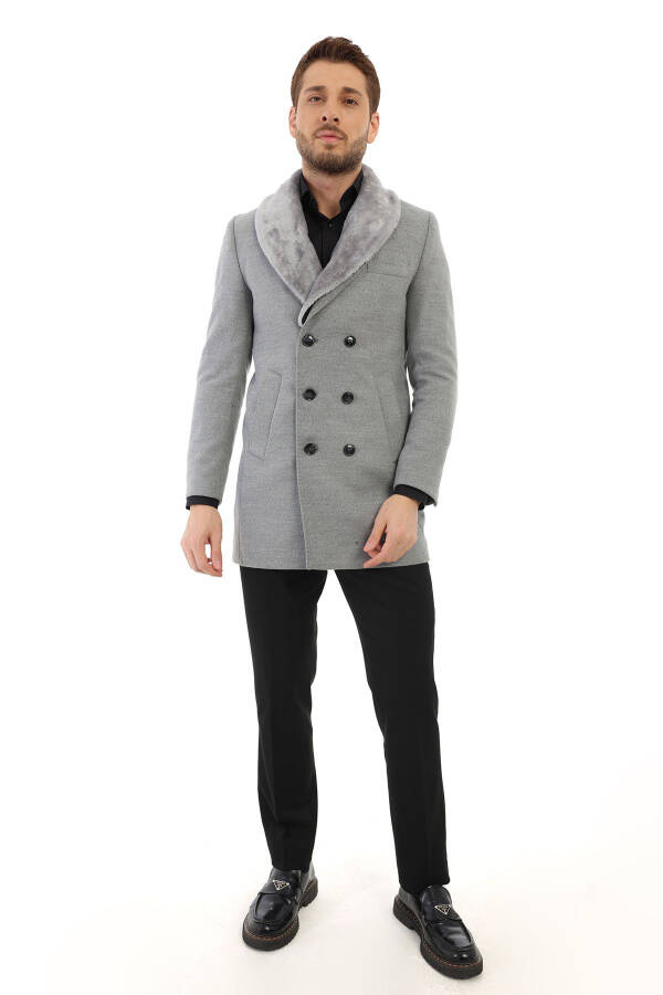 Jancarlucci Men's Double-Breasted Slim Fit Grey Removable Fur Collar Detail Wool Coat - 1