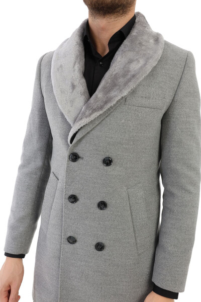 Jancarlucci Men's Double-Breasted Slim Fit Grey Removable Fur Collar Detail Wool Coat - 2