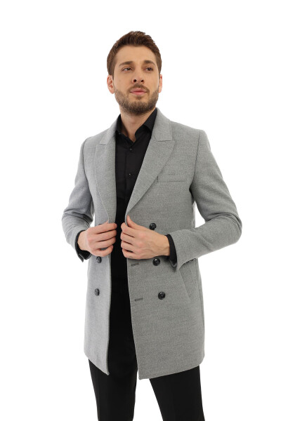 Jancarlucci Men's Double-Breasted Slim Fit Grey Removable Fur Collar Detail Wool Coat - 4