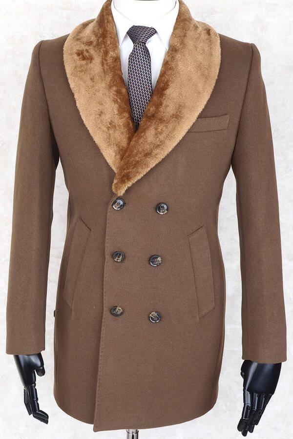 Jancarlucci Men's Double-Breasted Slim Fit Mink Color Removable Fur Collar Detailed Cashmere Coat - 5