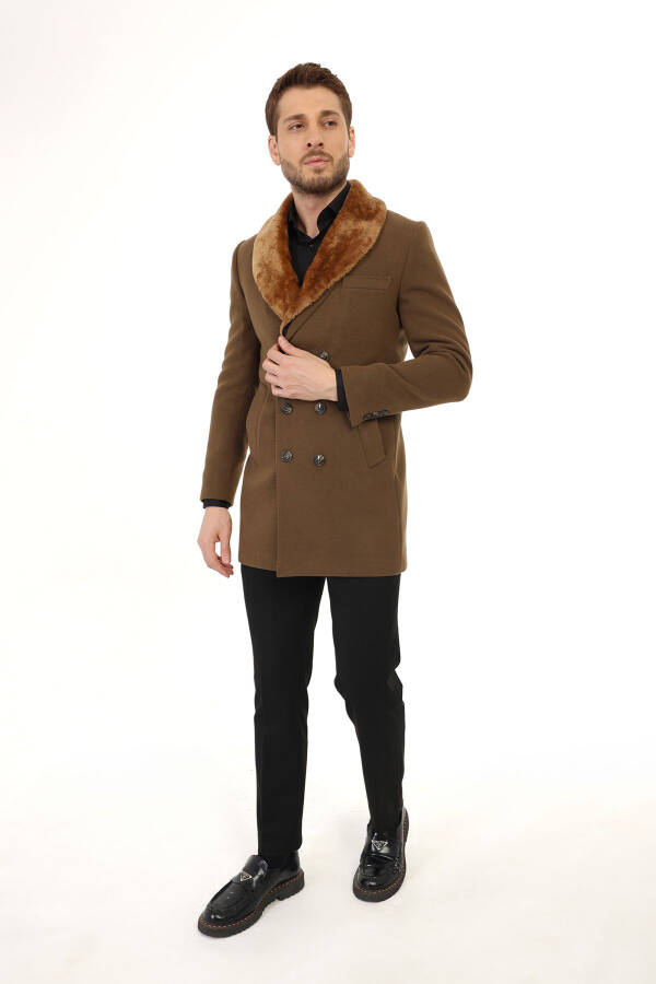 Jancarlucci Men's Double-Breasted Slim Fit Mink Color Removable Fur Collar Detailed Cashmere Coat - 1