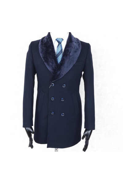 Jancarlucci Men's Double-Breasted Slim Fit Navy Blue Removable Fur Collar Detail Wool Coat - 13