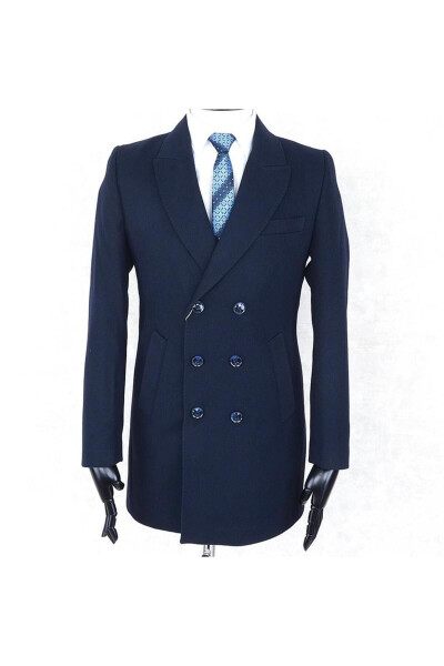 Jancarlucci Men's Double-Breasted Slim Fit Navy Blue Removable Fur Collar Detail Wool Coat - 14