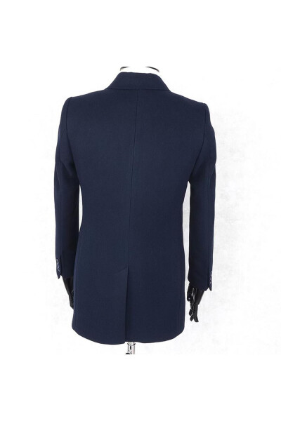 Jancarlucci Men's Double-Breasted Slim Fit Navy Blue Removable Fur Collar Detail Wool Coat - 16